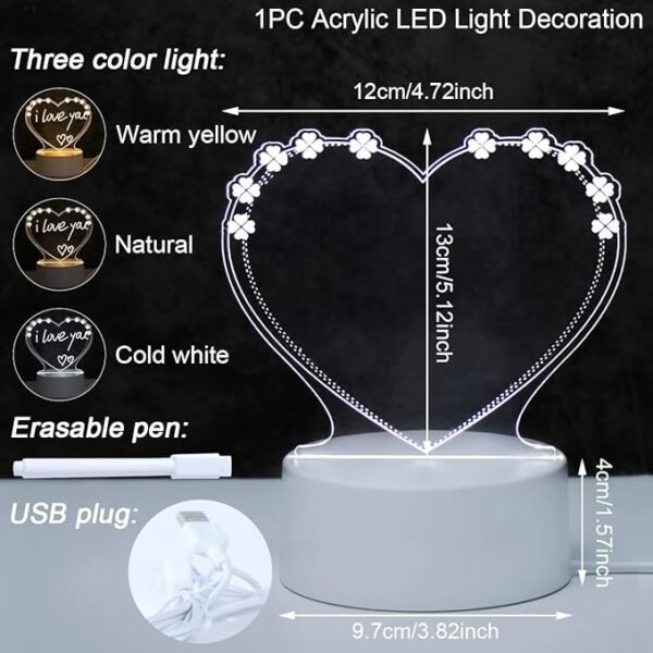 3D Heart Shape Note Board Lamp (with Pen) - Image 3