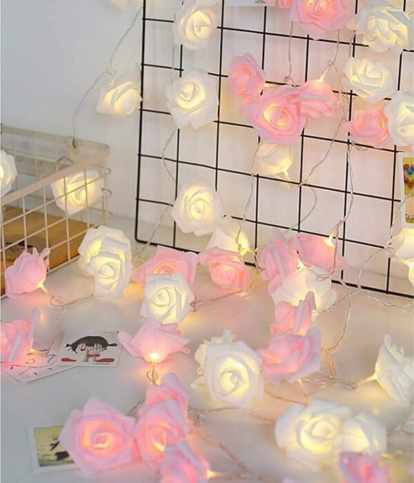 LED Rose String Fairy Lights – 80 Pcs White and Pink Rose - Image 2
